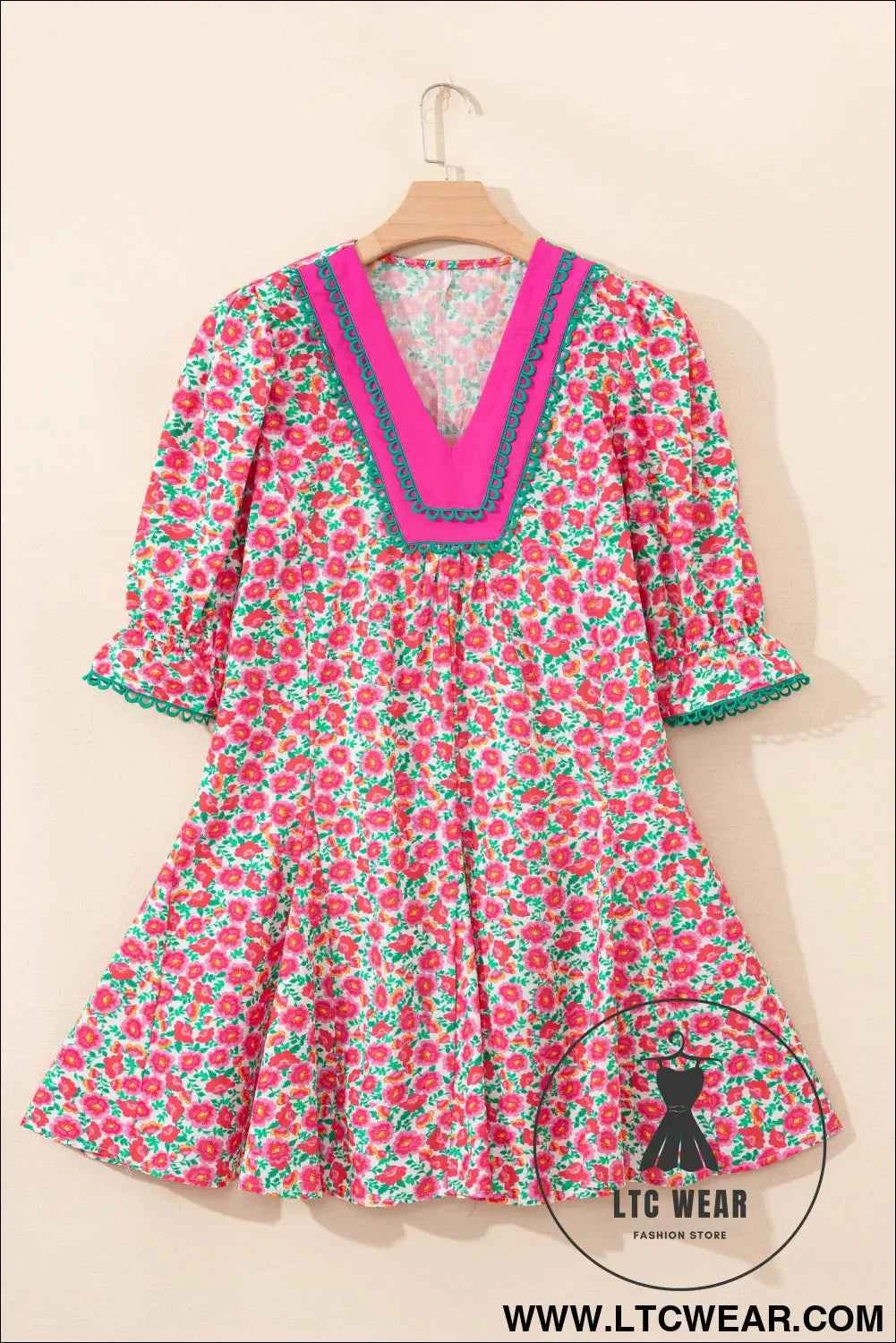 Pink Floral Print V Neck Patchwork Short Bubble Sleeve Mini Dress