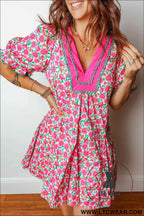 Pink Floral Print V Neck Patchwork Short Bubble Sleeve Mini Dress