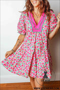 Pink Floral Print V Neck Patchwork Short Bubble Sleeve Mini Dress