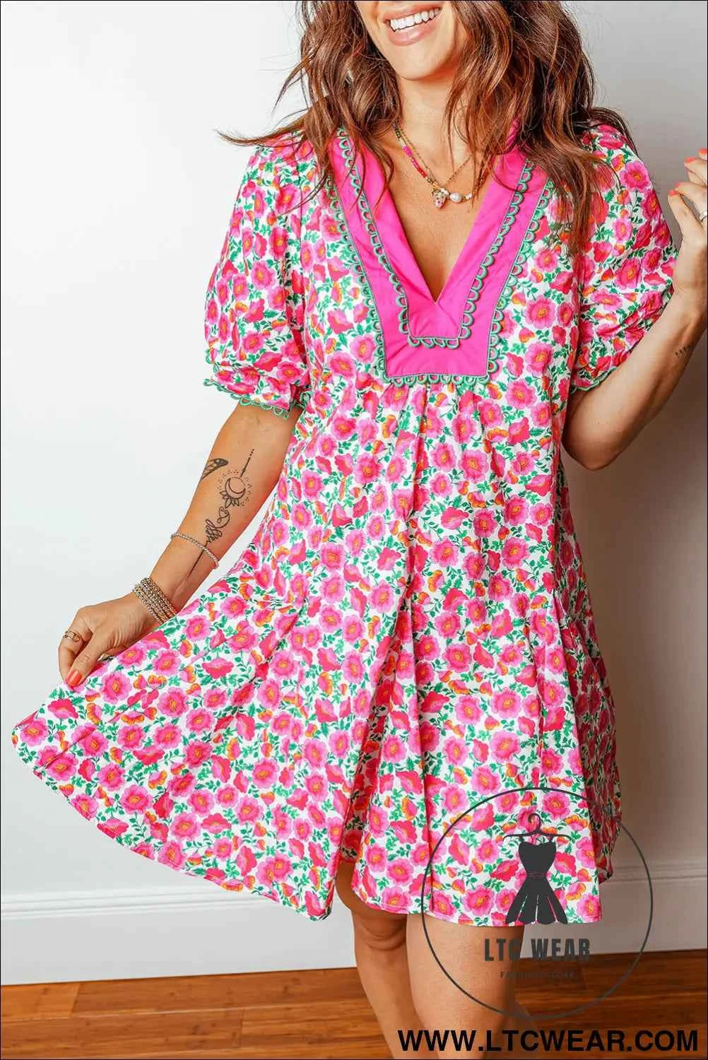Pink Floral Print V Neck Patchwork Short Bubble Sleeve Mini Dress