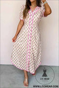 Pink Floral Print V Neck Scallop Trim Button Front Short Sleeve Long Dress