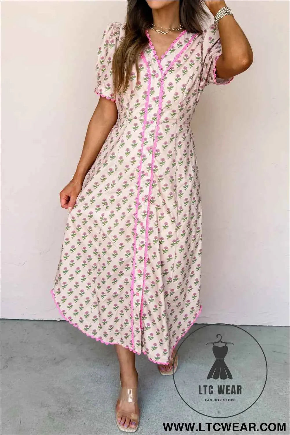 Pink Floral Print V Neck Scallop Trim Button Front Short Sleeve Long Dress