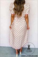 Pink Floral Print V Neck Scallop Trim Button Front Short Sleeve Long Dress