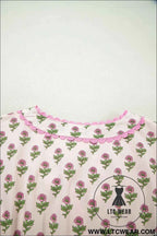Pink Floral Print V Neck Scallop Trim Button Front Short Sleeve Long Dress