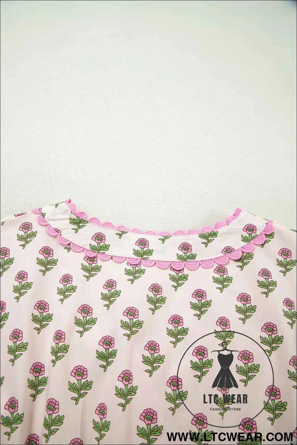 Pink Floral Print V Neck Scallop Trim Button Front Short Sleeve Long Dress