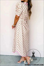Pink Floral Print V Neck Scallop Trim Button Front Short Sleeve Long Dress