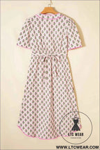 Pink Floral Print V Neck Scallop Trim Button Front Short Sleeve Long Dress