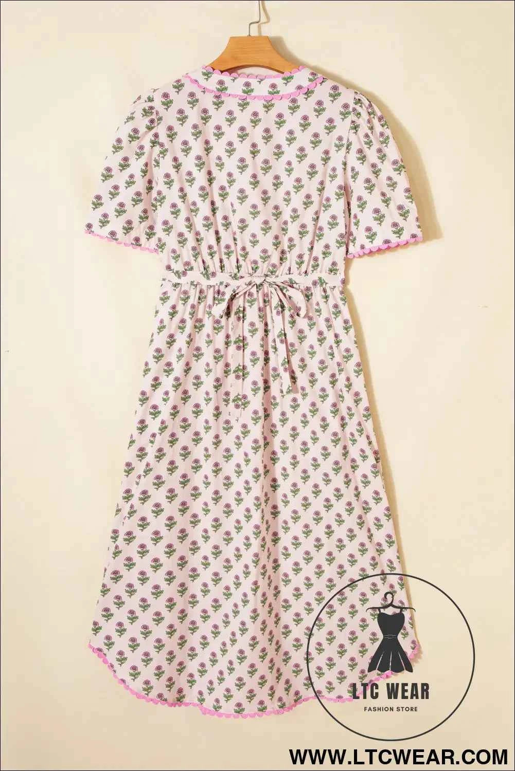 Pink Floral Print V Neck Scallop Trim Button Front Short Sleeve Long Dress