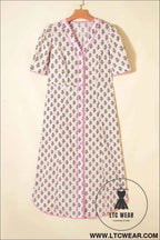 Pink Floral Print V Neck Scallop Trim Button Front Short Sleeve Long Dress