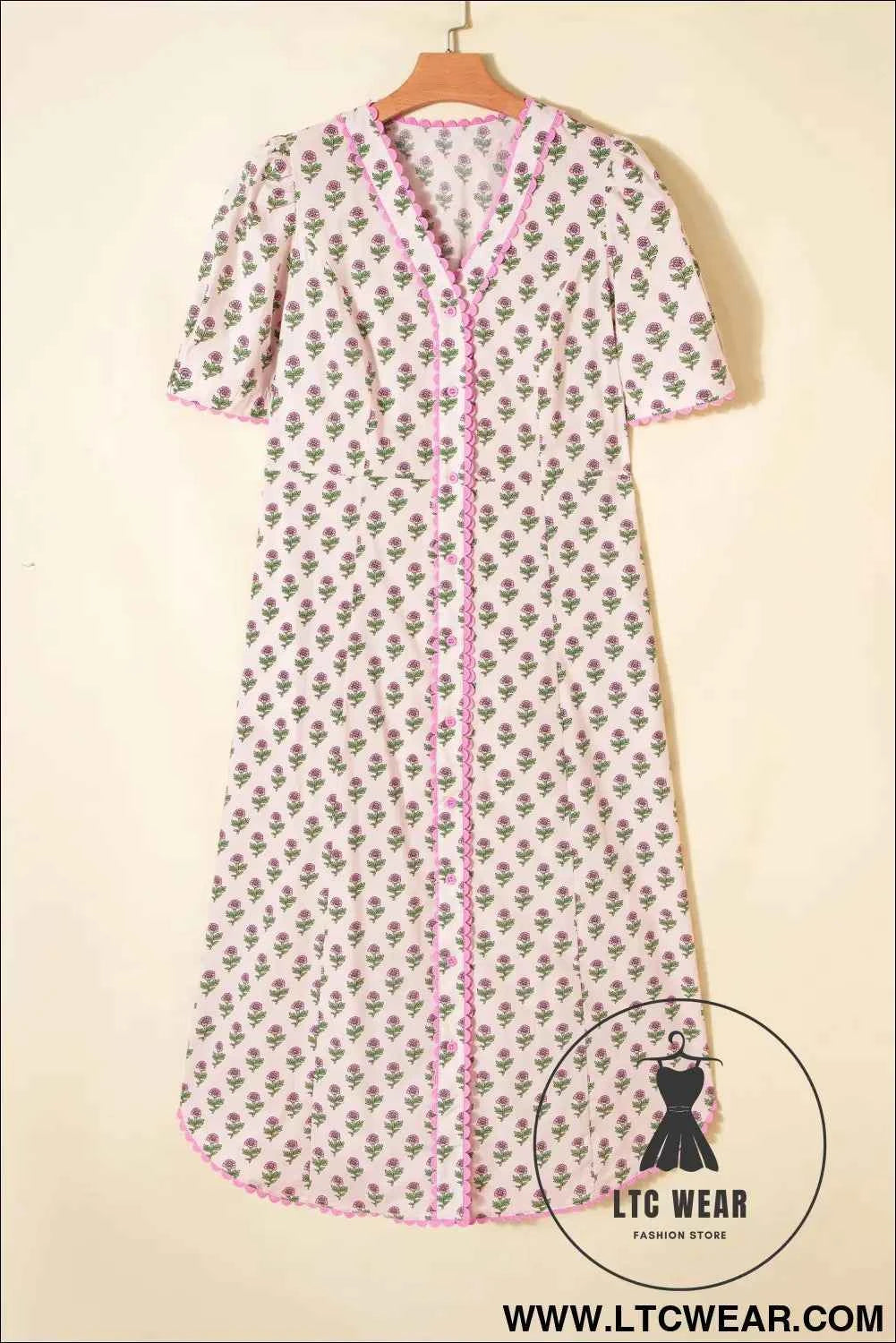 Pink Floral Print V Neck Scallop Trim Button Front Short Sleeve Long Dress