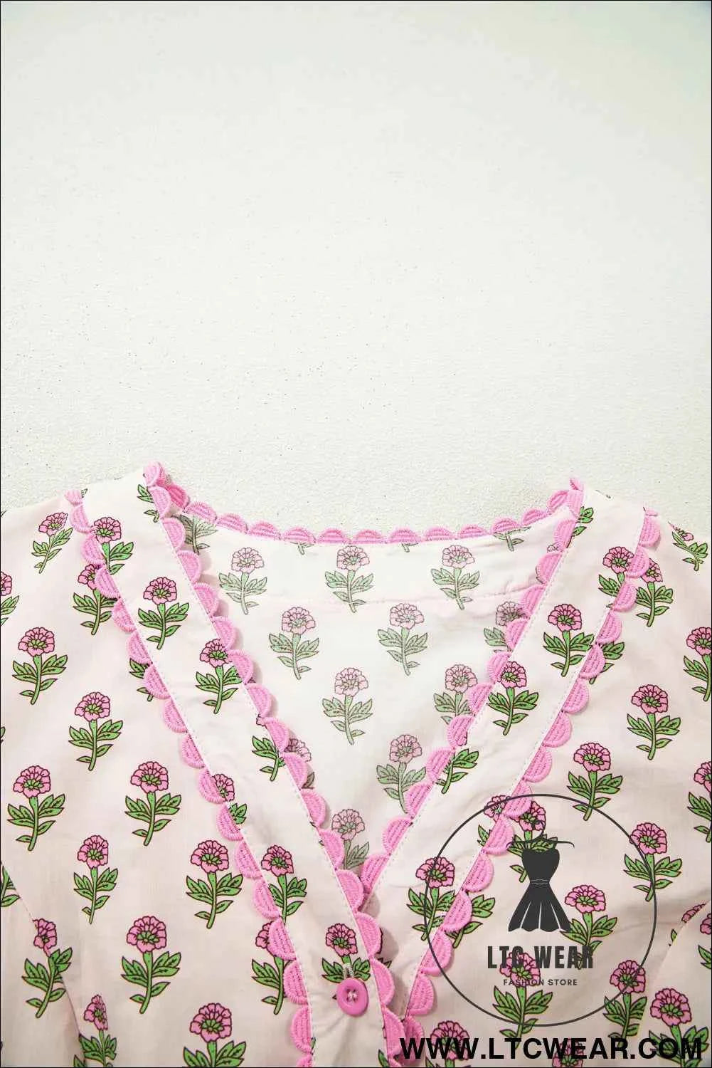 Pink Floral Print V Neck Scallop Trim Button Front Short Sleeve Long Dress