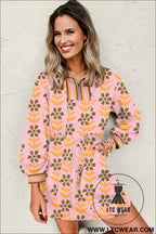 Pink Floral Print Zip Neck Striped Patchwork Long Sleeve Drawstring Dress