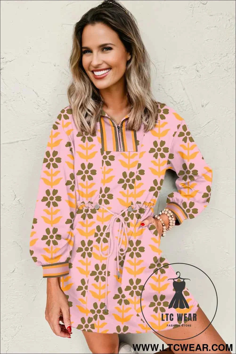 Pink Floral Print Zip Neck Striped Patchwork Long Sleeve Drawstring Dress