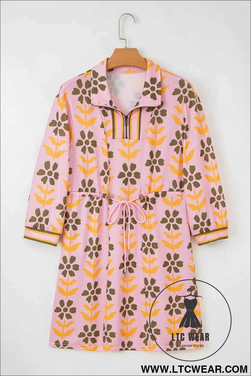 Pink Floral Print Zip Neck Striped Patchwork Long Sleeve Drawstring Dress