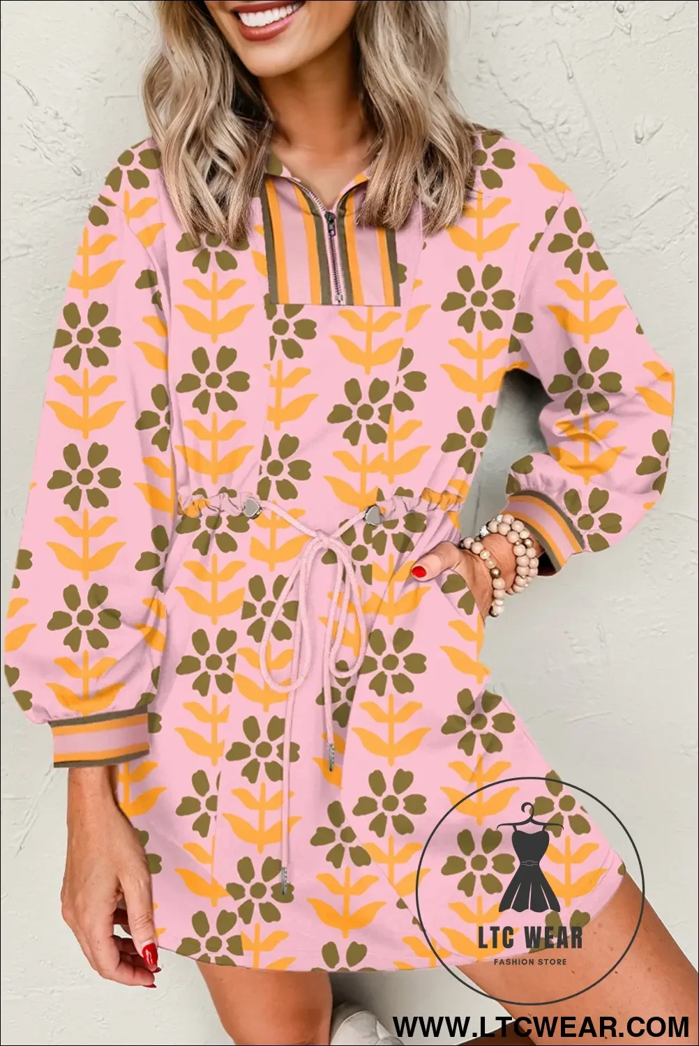 Pink Floral Print Zip Neck Striped Patchwork Long Sleeve Drawstring Dress