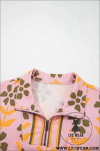 Pink Floral Print Zip Neck Striped Patchwork Long Sleeve Drawstring Dress