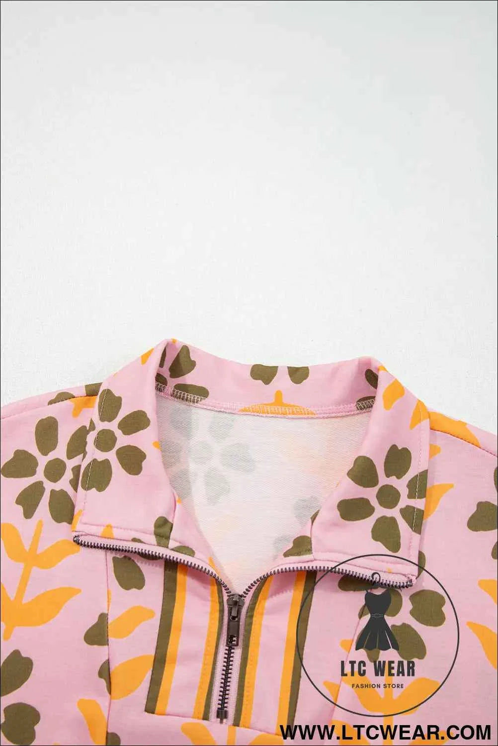 Pink Floral Print Zip Neck Striped Patchwork Long Sleeve Drawstring Dress
