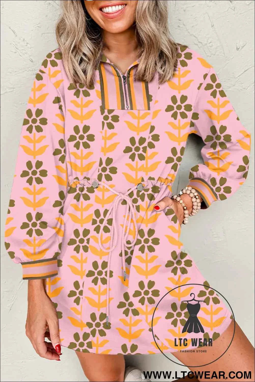 Pink Floral Print Zip Neck Striped Patchwork Long Sleeve Drawstring Dress