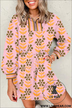 Pink Floral Print Zip Neck Striped Patchwork Long Sleeve Drawstring Dress