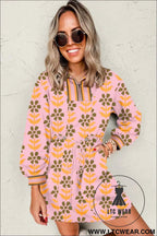 Pink Floral Print Zip Neck Striped Patchwork Long Sleeve Drawstring Dress