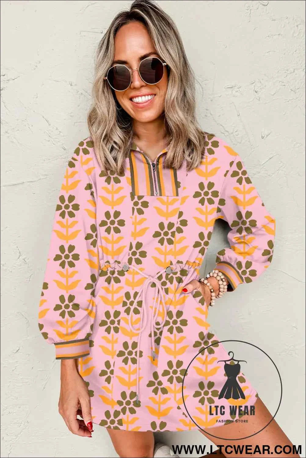 Pink Floral Print Zip Neck Striped Patchwork Long Sleeve Drawstring Dress