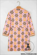 Pink Floral Print Zip Neck Striped Patchwork Long Sleeve Drawstring Dress