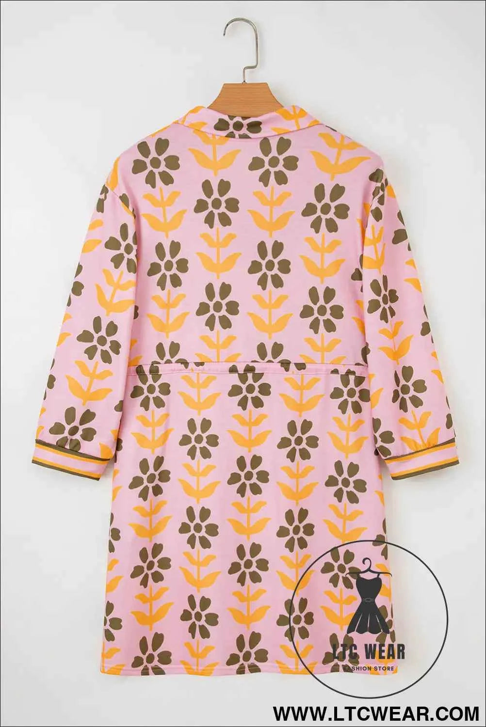 Pink Floral Print Zip Neck Striped Patchwork Long Sleeve Drawstring Dress