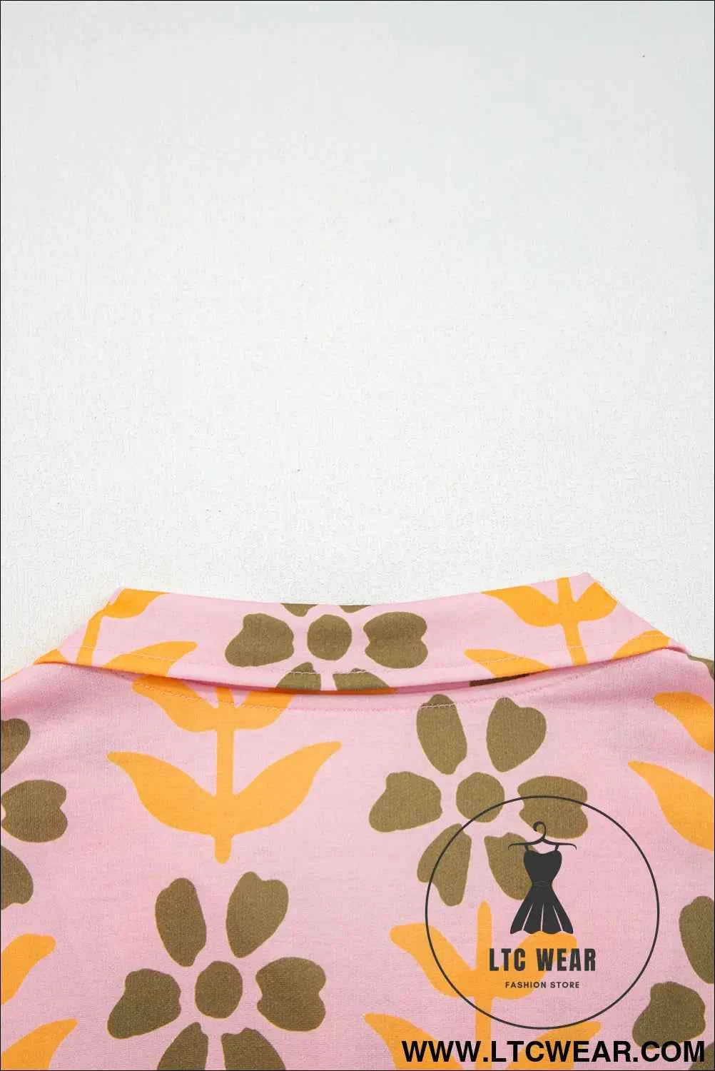 Pink Floral Print Zip Neck Striped Patchwork Long Sleeve Drawstring Dress
