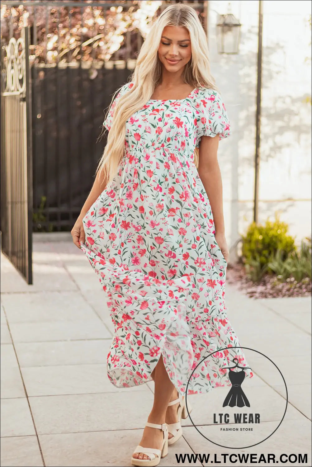 Pink Floral Puff Sleeve Square Neck Empire Waist Tiered Maxi Dress - L.T.C Wear Online Fashion Store