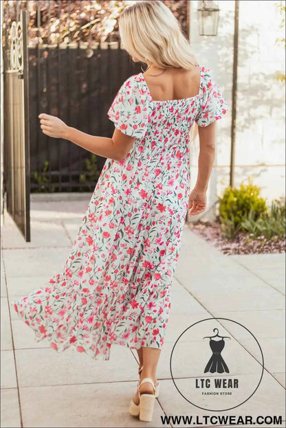 Pink Floral Puff Sleeve Square Neck Empire Waist Tiered Maxi Dress