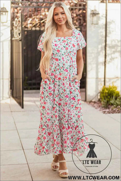 Pink Floral Puff Sleeve Square Neck Empire Waist Tiered Maxi Dress