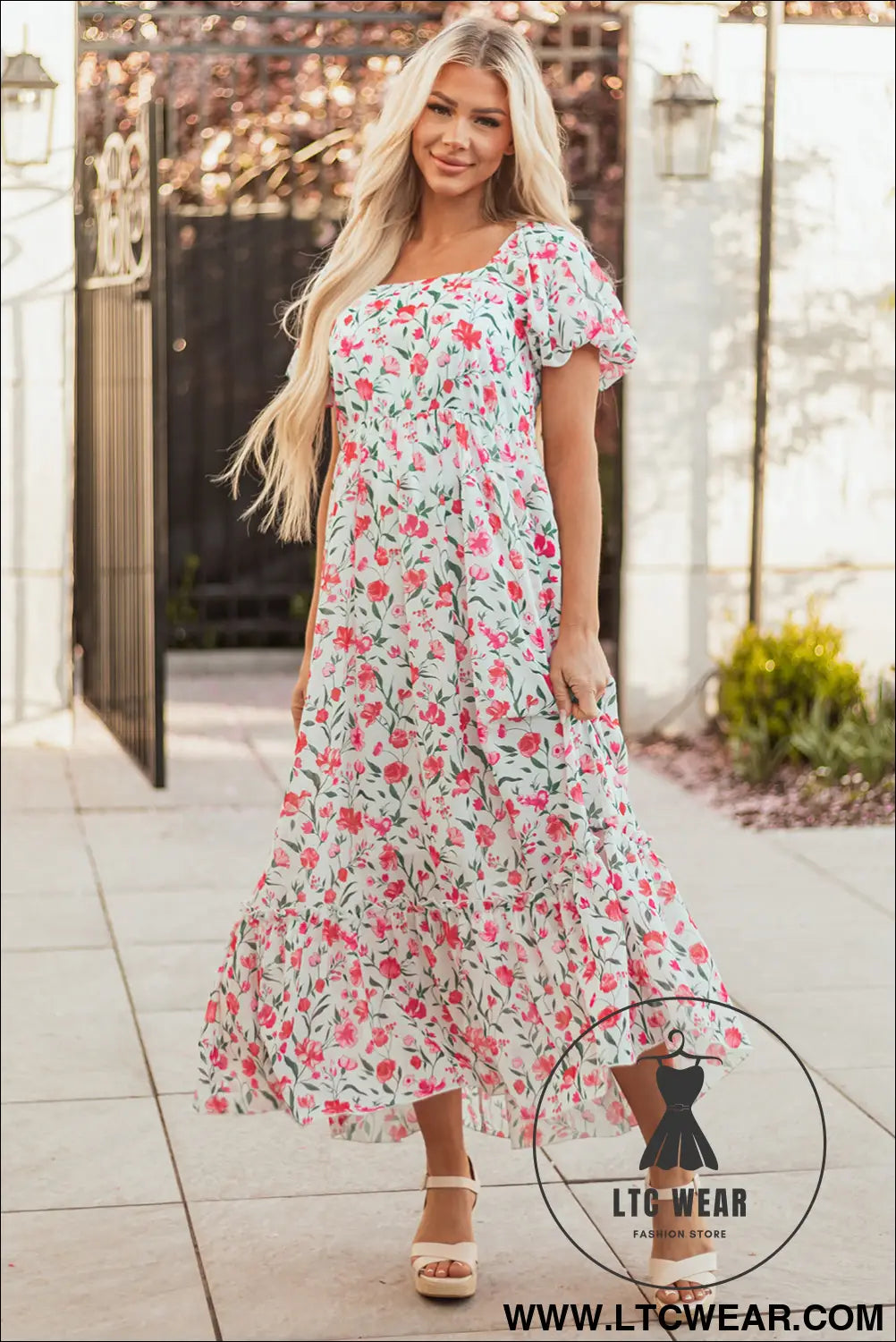 Pink Floral Puff Sleeve Square Neck Empire Waist Tiered Maxi Dress - L.T.C Wear Online Fashion Store