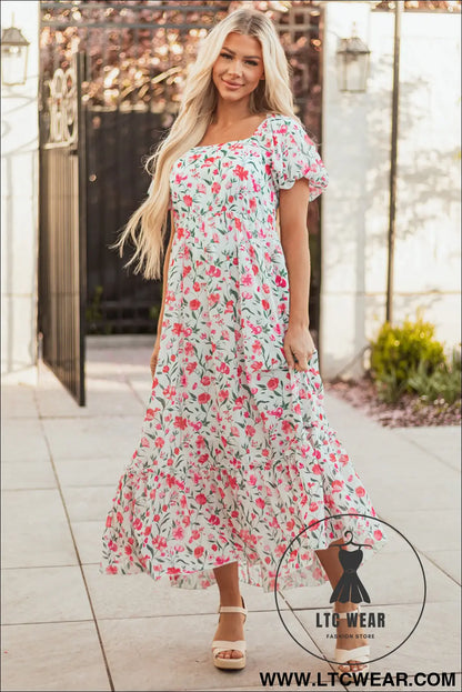 Pink Floral Puff Sleeve Square Neck Empire Waist Tiered Maxi Dress - L.T.C Wear Online Fashion Store