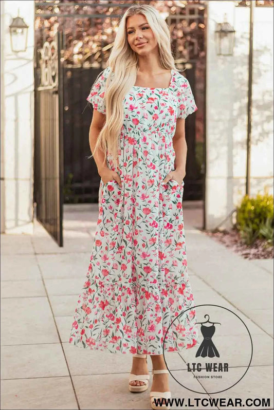 Pink Floral Puff Sleeve Square Neck Empire Waist Tiered Maxi Dress