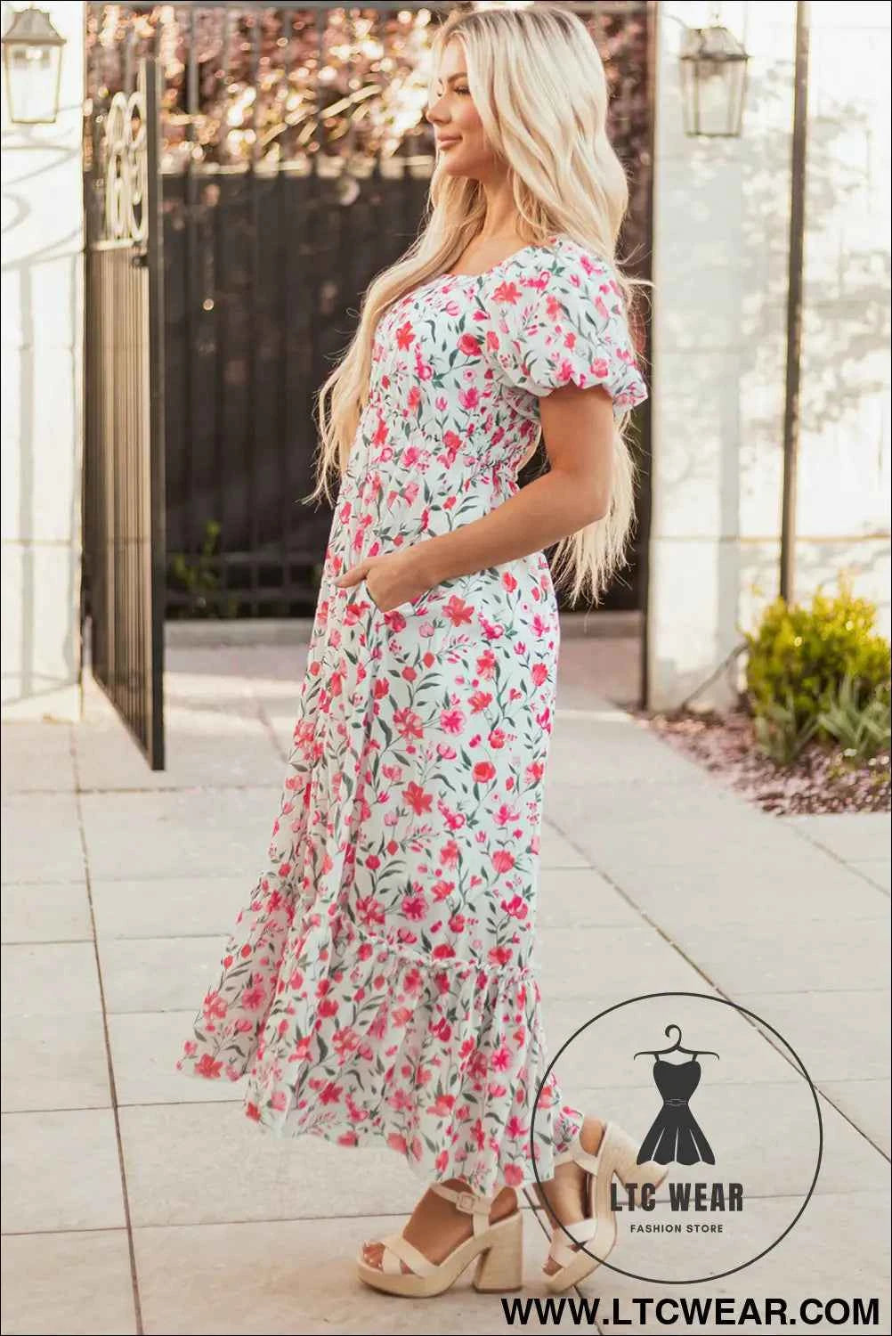 Pink Floral Puff Sleeve Square Neck Empire Waist Tiered Maxi Dress