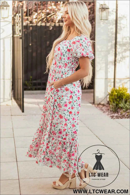 Pink Floral Puff Sleeve Square Neck Empire Waist Tiered Maxi Dress