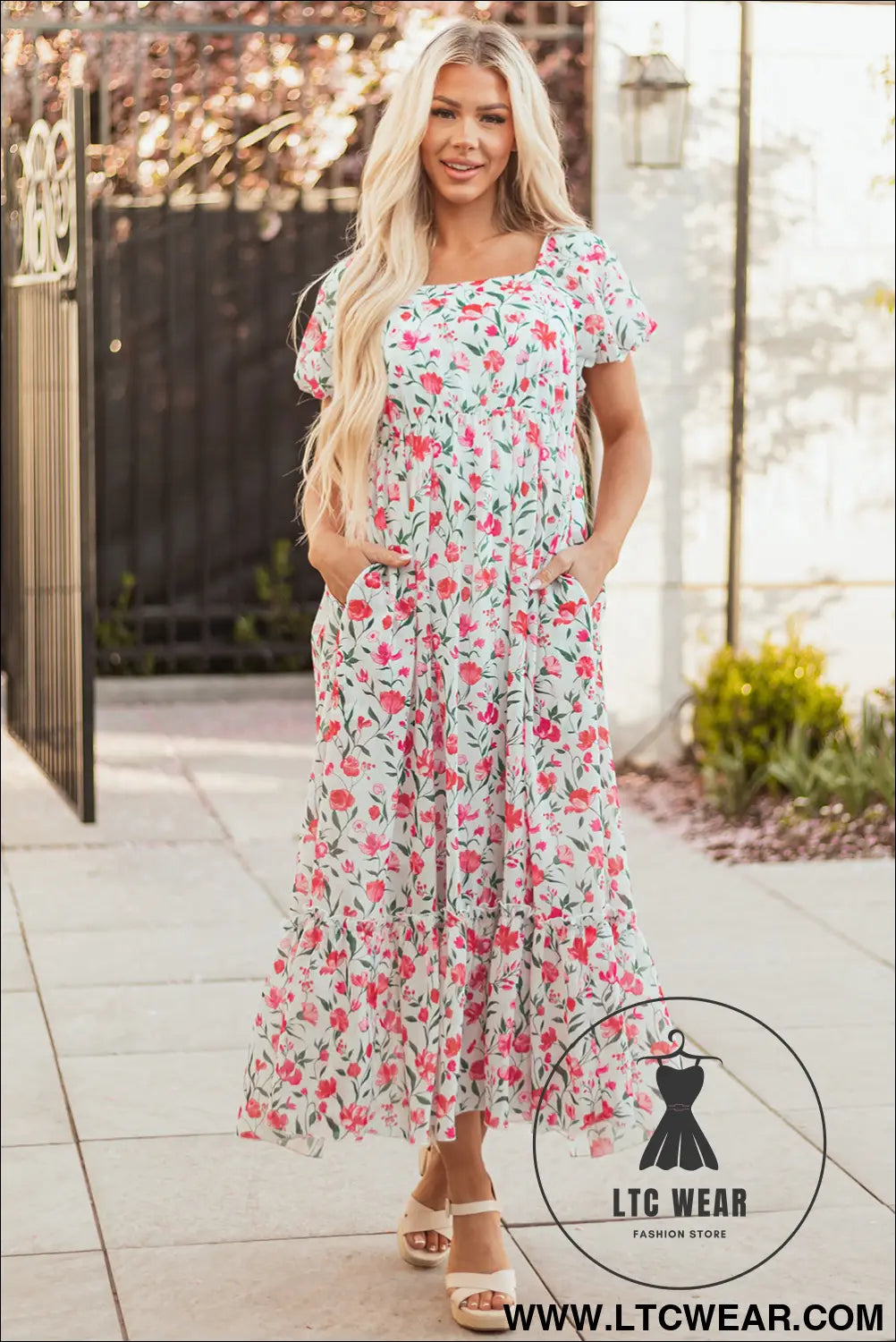 Pink Floral Puff Sleeve Square Neck Empire Waist Tiered Maxi Dress - L.T.C Wear Online Fashion Store