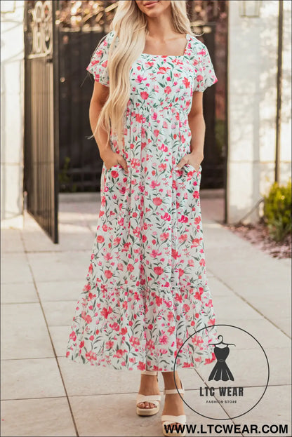 Pink Floral Puff Sleeve Square Neck Empire Waist Tiered Maxi Dress - L.T.C Wear Online Fashion Store