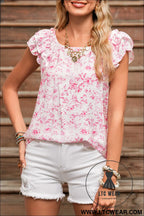 Pink floral ruffle short sleeve bow back blouse - blouses & shirts