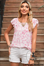 Pink floral ruffle short sleeve bow back blouse - blouses & shirts