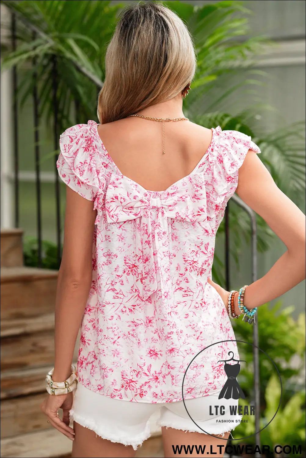 Pink floral ruffle short sleeve bow back blouse - blouses & shirts
