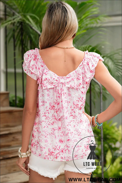 Pink floral ruffle short sleeve bow back blouse - blouses & shirts