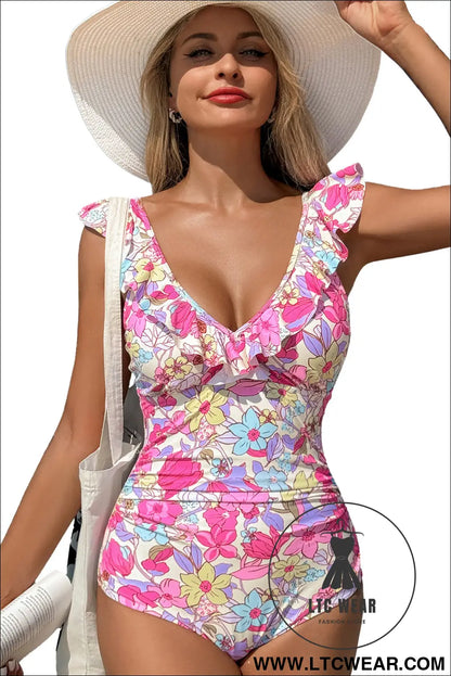 Pink Floral Ruffle Trim V Neck Backless One Piece Swimsuit - L.T.C Wear Online Fashion Store