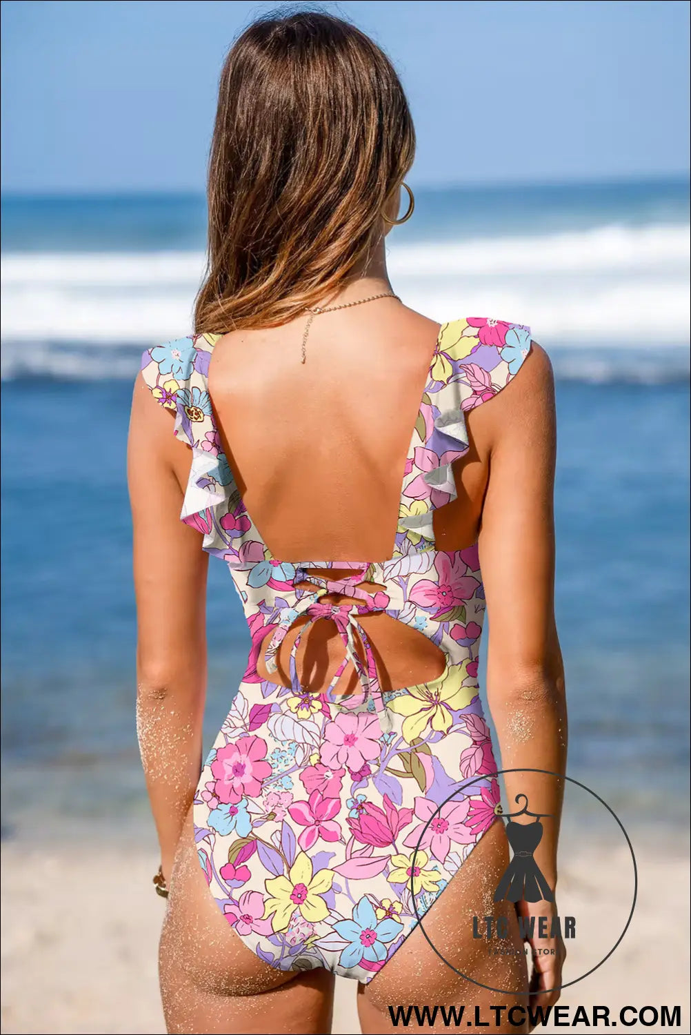 Pink Floral Ruffle Trim V Neck Backless One Piece Swimsuit - L.T.C Wear Online Fashion Store