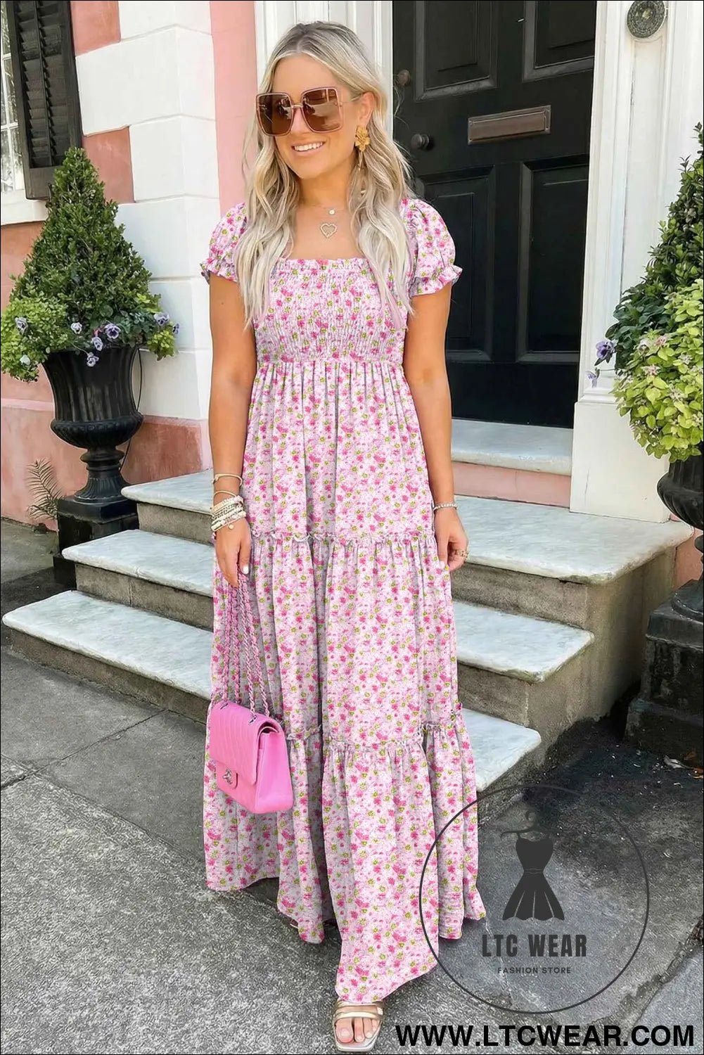 Pink Floral Short Bubble Sleeve Shirred High Waist Maxi Dress