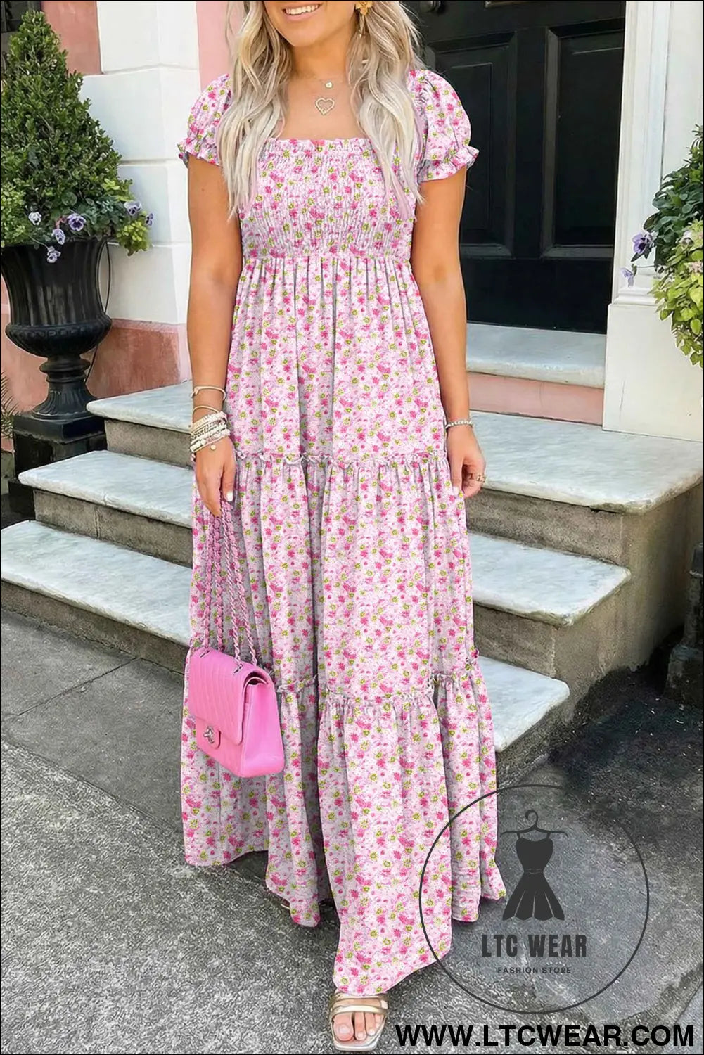 Pink Floral Short Bubble Sleeve Shirred High Waist Maxi Dress