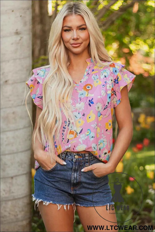 Pink Flutter Sleeve V Neck Floral Top