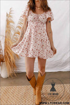 Pink Front Tie Shirred Waist Short Sleeve Ruffled Floral Mini Dress