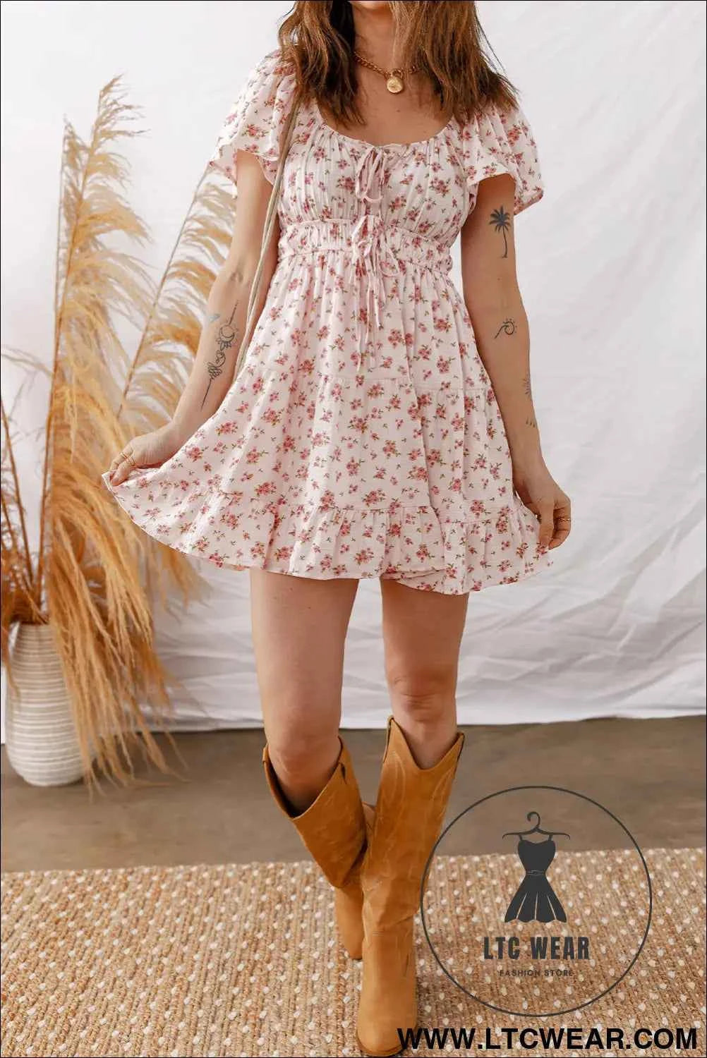Pink Front Tie Shirred Waist Short Sleeve Ruffled Floral Mini Dress
