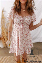 Pink Front Tie Shirred Waist Short Sleeve Ruffled Floral Mini Dress